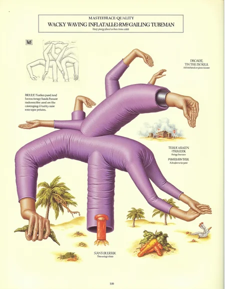 best quality, masterpiece (quality),
inflatable, ping and purple tube man, diagram,  inset text, ancient symbols, 
colorful tubes, gathering food while leaning over,
page title text is "WACKY WAVING INFLATABLE ARM-FLAILING TUBEMAN"
<lora:AfterMan-flux-v1:1> <lora:inflatable_tube_man-flux-v1:1>
