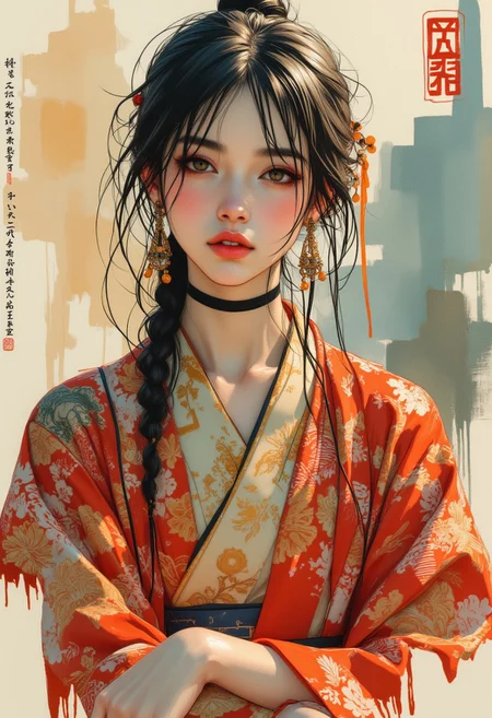 OBxiaoxiang, inksplash portrait of stunning oriental princess stting outside shinto shrine, long hair, sidelocks, bangs, hair ribbon,  earrings, necklace, choker, red and gold kimono, direct gaze, light hitting one side of face, gradient colour background, Japanese kanji