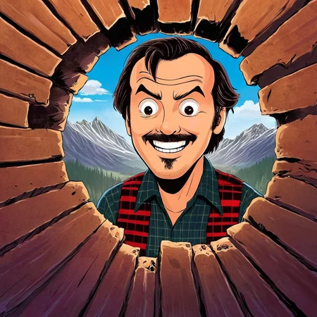anime artwork of <lora:perfection style:0.5> <lora:detailed:0.5> perfection detailed
<lora:The Shining film style:0.9> In cartoon
Jack Torrance In the 1980's in the Colorado Rocky Mountains a creepy smiling man with a beard and a plaid shirt is looking through a hole in a wall with creepy smile,solo,open mouth,shirt,black hair,1boy,male focus,teeth,facial hair,parody,portrait,meme,realistic,mustache,door,stubble , cinematic, film, kodak, The Shining film style, here's johnny style, anime style, key visual, vibrant, studio anime, highly detailed