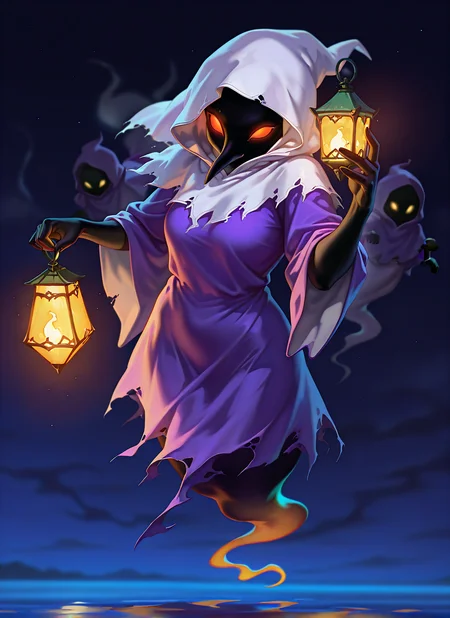 [STYLE & QUALITY::-1]
digital artwork, masterpiece, best quality, high res, very aesthetic, absurdres, artistic, dynamic perspective, amazing quality, vibrant colors, high resolution, absurdres, newest, <lora:Poe_Ocarina_of_Time_-000021:1>
[SUBJECT::-1]
LOZ_Poe, pointed nose, long nose, ghost, spirit, glowing eyes, black skin, floating, legless, featureless face, shadowed, ghostly figure, completely black skin, heavy robes, woolen robes, tattered robes, hood, holding lantern, lantern, no_legs, ghost_tail
[ACTIONS & POSE::-1]
[CLOTHES::-1]
[BACKGROUND::-1]