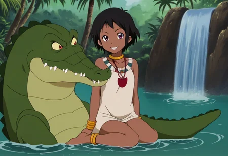 Tick tock crocodile,male animal focus,tail, crocodile , crocodile mouth open,smile ,green skin, blue eyes, Tick Tock the crocodile is giant and very huge size,teeth, crocodile swimming and submerged in the water,Tick Tock the crocodile looking Choi_mochimazzi,Choi_mochimazzi an anime girl, 1girl, looking at viewer, smile, short hair, Choi_mochimazzi sitting down on the crocodile belly,Choi_mochimazzi IS her very little size. Base - choim, short hair, black hair, red eyes, dark-skinned female,purple eyes, Base Outfit - dress, jewelry, dark skin, necklace, bracelet, wristband, neck ring, anklet, barefoot,river,palm trees, jungle, tropical _island,village, temple,Disney, waterfall,retro_anime, manga,tamako_market
