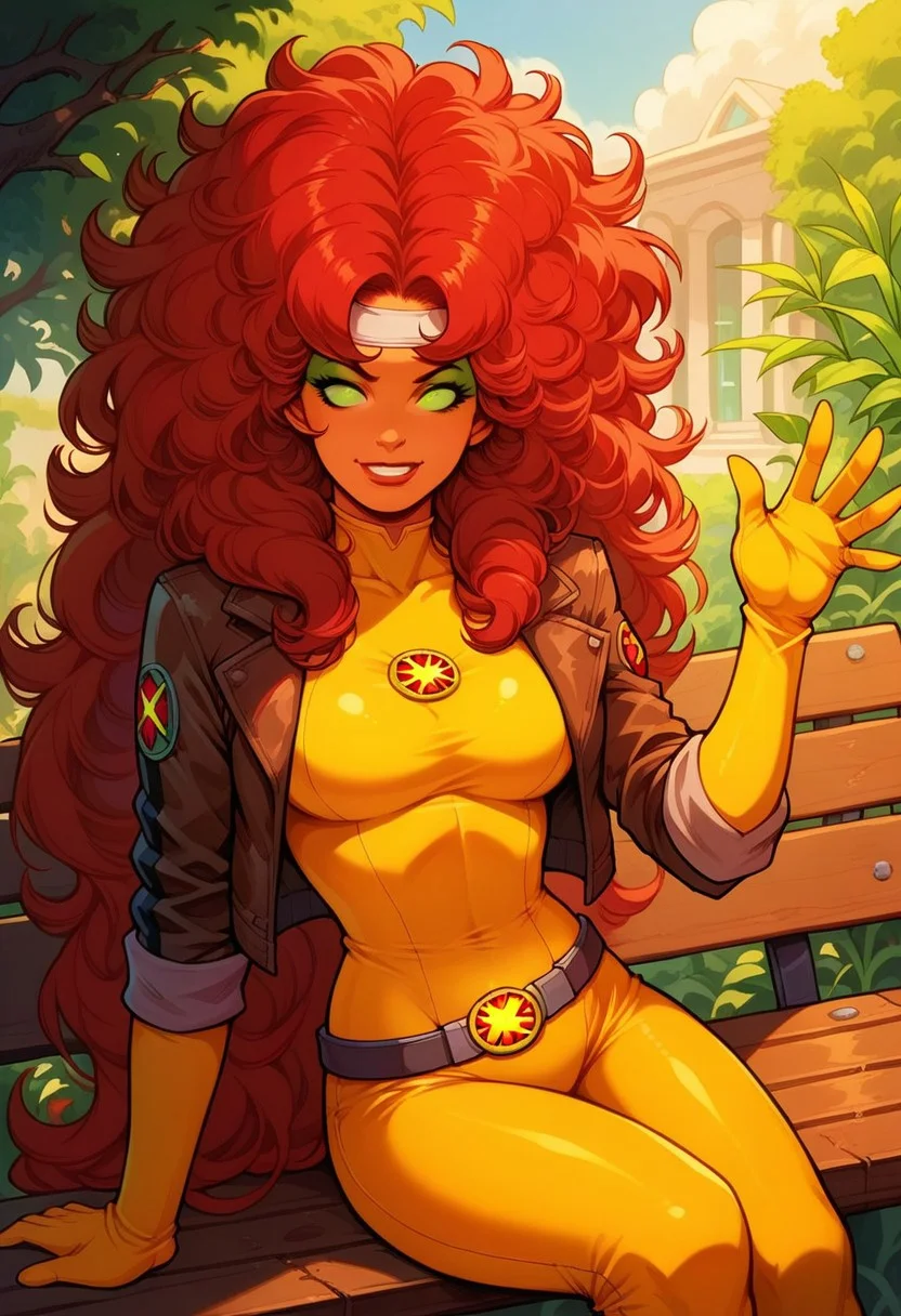 score_9, score_8_up, score_7_up,score_9, score_8_up,<lora:r0gue:0.85>,1girl, StarfireDG, red hair, orange skin, green eyes, no pupils, Rogue1024,1girl,solo,long hair,looking at viewer,red hair,gloves,green eyes,jacket,white hair,open clothes,open jacket,lips,bodysuit,makeup,headband,lipstick,skin tight,multicolored clothes,buckle,belt buckle,leather,superhero,bomber jacket,dyed bangs,multicolored bodysuit,green bodysuit,yellow bodysuit, sitting on bench, smile, waving hand, smile, kind, looking at viewer, dynamic view, in the garden, sfw