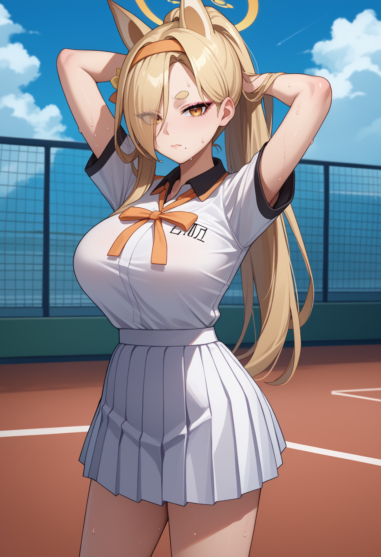 score_9, score_8_up, score_7_up, source_anime, <break> solo, 1girl, kaho kuwakami, mole under mouth, makeup, pink eyeshadow, sweat, expressionless, looking at you, standing, arms behind head, hair over one eye, ponytail, orange hairband, animal ears, extra ears, halo, thick eyebrows, short eyebrows, tennis uniform, white shirt, short sleeves, white skirt, pleated skirt, large breasts, day, blue sky, cloud, outdoors, tennis court
<segment:yolo-face_yolov8m.pt,0.4,0.5//cid=1>