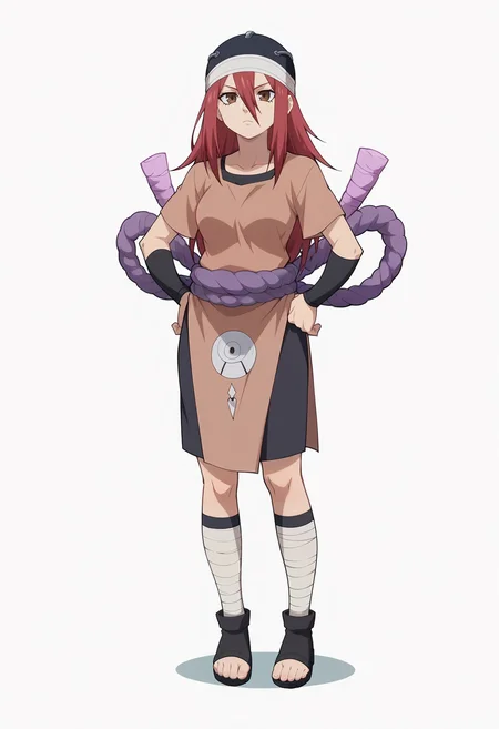 white background, simple background, solo, expressionless, full body, hands on own hips,
htayuya, long hair, hair between eyes, red hair, bangs brown eyes, medium breasts, collarbone,
hat,tunic,rope,black sport bra, black short, bandages, black footwear, toeless footwear,
anime screencap, masterpiece, best quality, <lora:tayuya v1:0.9>,