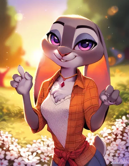 JudyHoppsXL, score_9, score_8_up, score_7_up, score_6_up, score_5_up, source_furry,solo, source furry, rabbit, judy hopps, eyes with white sclera, fully clothed, advanced shading, detailed fur texture, scut tail, breasts, chest tuft, paws, zootopia, fully in view, grey fur, ,style by Chad Knight,Accessories Delicate silver earrings with freshwater pearls.,Giving thumbs up,paw pose,At the Dreamer's Haven within the Enchanted Woods,Lens Flare,<lora:JudyHoppsXL-000017:.7>