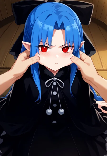 score_9, score_8_up, 1girl, len, kuro, source_anime, anime screencap, anime coloring, 2d, Expressiveh, beautiful blue hair, long hair, half updo, parted bangs, hair ribbon, black ribbon, , perfect shiny hair, pointy ears, ultra-detailed eyes, beautiful crimson red eyes, beautiful feminine face, perfect face, beautiful skin details, perfect slender proportions, ultra-narrow, waist, ultra-flared hips,, thin tighs, shapely legs, skindentation, black dress, buttoned up, capelet, fur trimmed neck, dress skirt, tigh highs, black tights, zettai ryouiki, tigh squish, indoors, detailed background, resort cabin, <lora:pinching-ponyxl-lora-nochekaiser:1.5>, pinching, cheek pinching, cheek pull, hand on another's face,, blush, anger vein, pov hands, closeup on face, glaring at viewer, zPDXL2