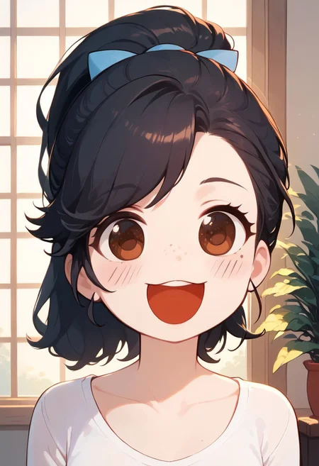 score_9, score_8_up, score_7_up, 28 year old girl, cute, sexy freckles, medium round breasts, short wavy black hair, brown eyes, thick body, ponytail,
bedroom,
standing, white shirt, looking at viewer, mischievous smile, (close up on upper torso:2), open mouth, smile, chibi, :d, :3