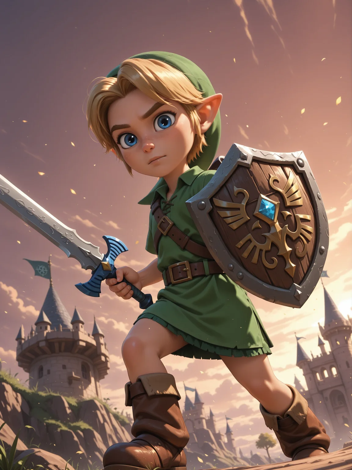 <lora:DisneyStudios_style:0.5>, <lora:princess_rc_il:0.5>, disneystudioxl, 1boy, young link, oot, tloz, blonde hair, pointy ears, blue eyes, round face, freckles, solo, looking at viewer, master_sword, Hyrulean_shield, fight_stance, Hyrule_castle, dynamic_angle, unreal_engine, rtx