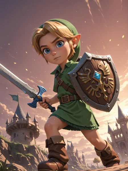 <lora:DisneyStudios_style:0.5>, <lora:princess_rc_il:0.5>, disneystudioxl, 1boy, young link, oot, tloz, blonde hair, pointy ears, blue eyes, round face, freckles, solo, looking at viewer, master_sword, Hyrulean_shield, fight_stance, Hyrule_castle, dynamic_angle, unreal_engine, rtx