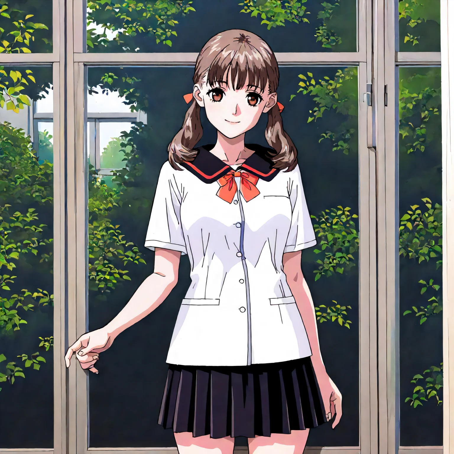 <lora:YS_AyanaFujisawaXLIllustrious004>,
masterpiece,best quality,good quality,newest,
detailed background,window_,nature,
smile,
looking at viewer,
solo,
AyanaFujisawa,1girl,brown hair,low twintails,brown eyes,
black sailor color,white shirt,short_sleeves,bowtie,
pleated_skirt,black skirt,
standing,