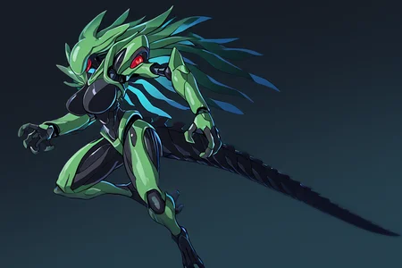 score_9, score_8_up, score_7_up, score_6_up, score_5_up, score_4_up, BREAK, source_anime, solo, 1girl, rating_safe, ((mature female)), ((long green flowing hair)), mechanical parts, ((plastic, polymer, metal body)), (big mechanical rabbit ears), mature female, (bunny ears), (animal ears), subdermal port, ((milf, mature female, big breasts)), hexagon lines in skin, naval uniform overcoat, naval uniform, white military uniform, dress_uniform, ribbons, ((red eyes)), bunny tail, rabbit tail, aiguillette, ((green hair)), ascot, ((Eye-level angle (from the side) view medium Close shot)), pilot suit, shoulder cutout, bunny rabbit Tail, ((hair over one eye,)), digitigrade, clawed feet, minimal clothes, ((metal skin, shiny skin, vampire aesthetic, digital eyes, filled eyes, monochromatic eyes, glowing eyes, colored sclera, red sclera, mechanical eyes, partially shaded face, slit pupils, angular, minimal face, minimalism, narrow eyes, large eyes)), (anubis \(mythology\), anubis \(mythology\), ), <lora:Pony_DetailV2.0:1.5>, <lora:age_slider_v4:4>, ((dark, shaded, black background, horror, GREEN HAIR,)) pochincoff, robot girl, translucent body, oversized forearms, big eyes, 4 eyes, <lora:Pochincoff_Style_Lora:0.85>, xenomorph girl,  <lora:AnimeScreencap_pXl:1> anime screencap, retro anime style