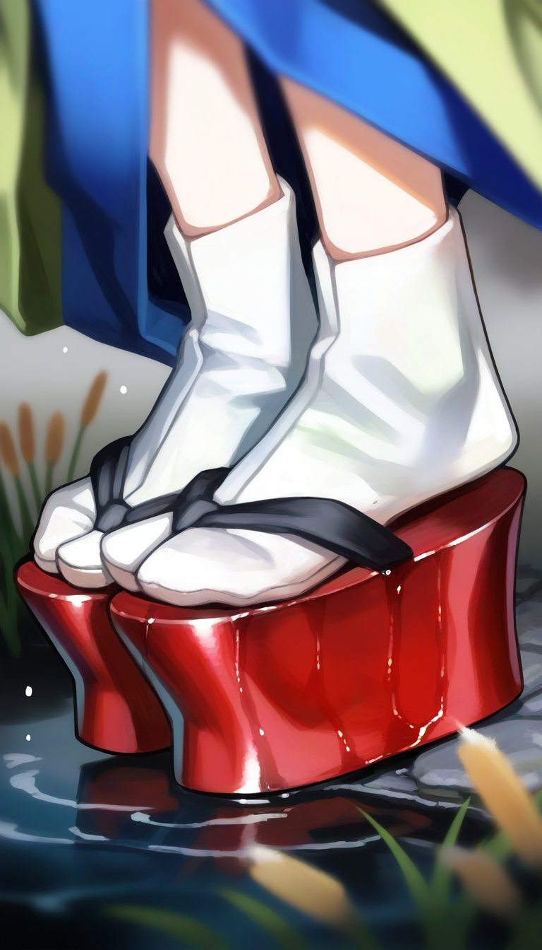 masterpiece,best quality,amazing quality,
<lora:yuzuruhaNAI:1>,yuzuruha,
green kimono,white tabi socks,red platform geta,close up of feet,
dripping,wet,
outdoors,reeds,
fog,
depth of field,