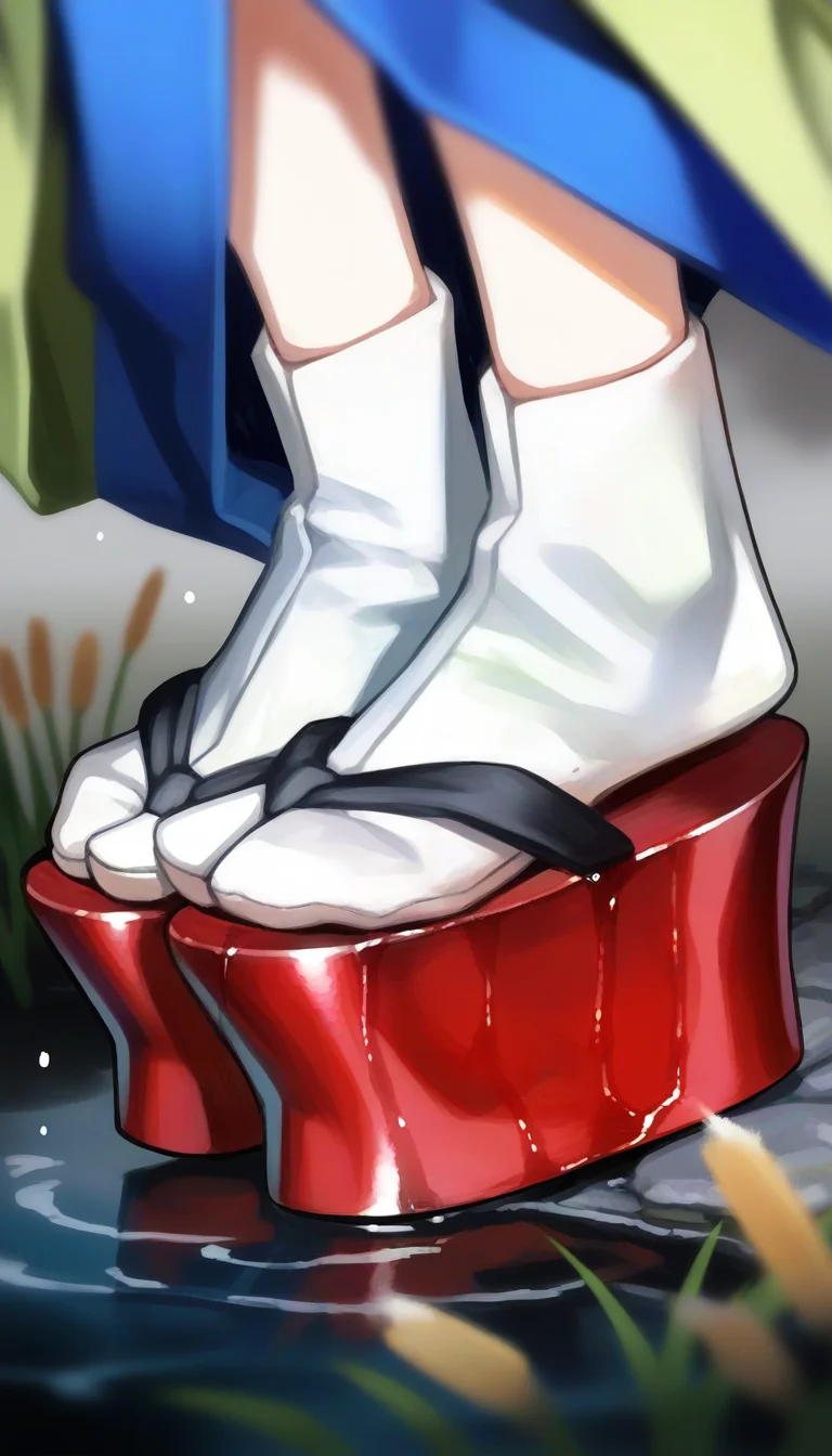 masterpiece,best quality,amazing quality,
<lora:yuzuruhaNAI:1>,yuzuruha,
green kimono,white tabi socks,red platform geta,close up of feet,
dripping,wet,
outdoors,reeds,
fog,
depth of field,