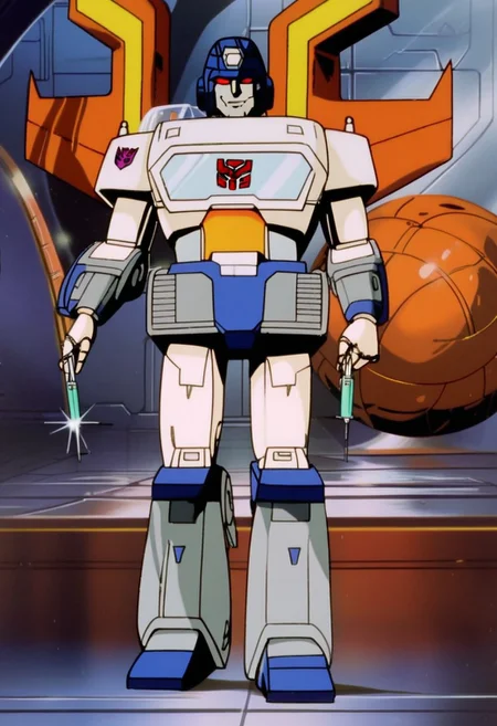 score_9, score_8_up, score_7_up, animation, transformers, 1boy, robot, mars rover themed robot, mars rover, decepticon, short, bulky, scientist, glowing eyes, red eyes, large eyes, circular eyes, white armor, solar panels, transforms into mars rover, full body, cowboy shot, smiling, holding syringe, scientist, surgeon, nostromostyleai,