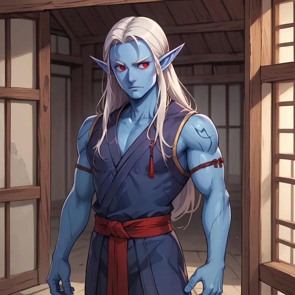 solo, old elf male, blue skin, long hair, small normal ears, monk clothes, red eyes,