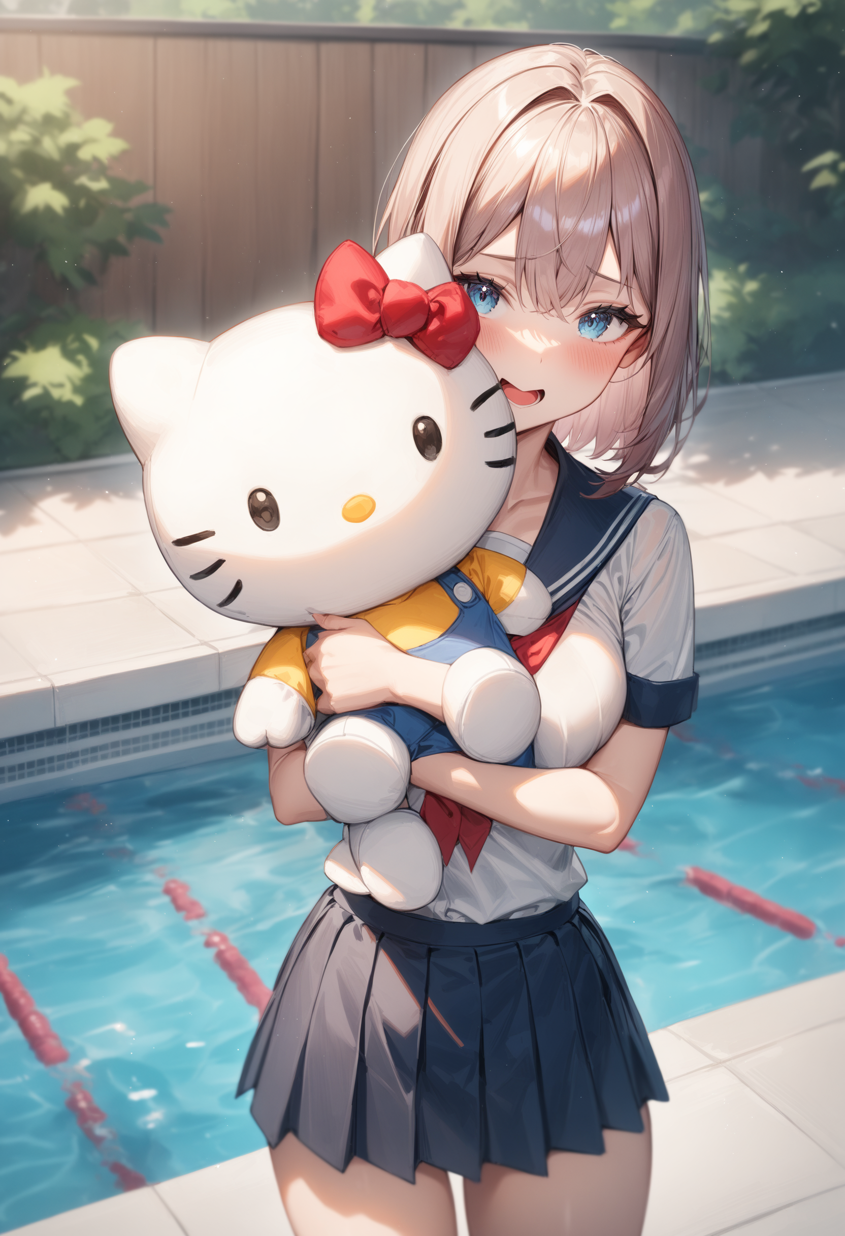 1girl, <lora:sdxl2-flat2-512b:-1>,medium breasts,school uniform,
hello kitty, stuffed toy, holding,holding stuffed toy,<lora:hellokitty_XL_v1:0.7>
from above, cowboy shot, looking at viewer, naughty, outdoor swimming pool, open mouth,
masterpiece, best quality, very aesthetic, absurdres