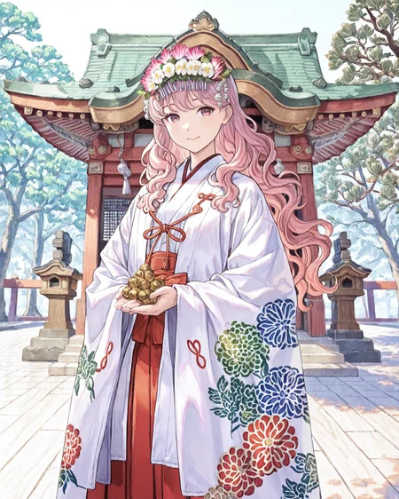 1girl, chihaya, flower headdress, wearing chihaya, wavy hair, pink hair, light_smile, scattered acorns, colorful river rocks, japanese shrine, beautiful trees, jacquard fabric, detailed patterns, patterned fabric, masterpiece, highest quality, absurdres, digital art, very detailed, 8k, best quality, high resolution, <lora:Chihaya_Illustrious:1>, <lora:granblue-noob:1>