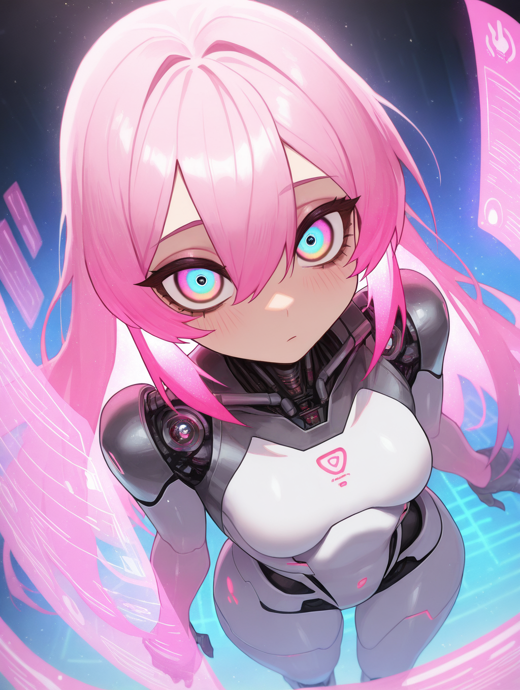 Mevak_PS, CivChan, 1girl, civchan, android, holographic interface, glitter, light particles, faint lighting, glowing, ethereal, neon hair, glowing hair, long hair, looking at viewer, relaxing, from above, dynamic angle
BREAK (masterpiece), (best quality), (ultra-detailed), amazing quality, very aesthetic, illustration, perfect composition, intricate details, absurdres, incredibly absurdres, high resolution, ultra-detailed, newest, extremely detailed eyes, beautiful, perfect lighting