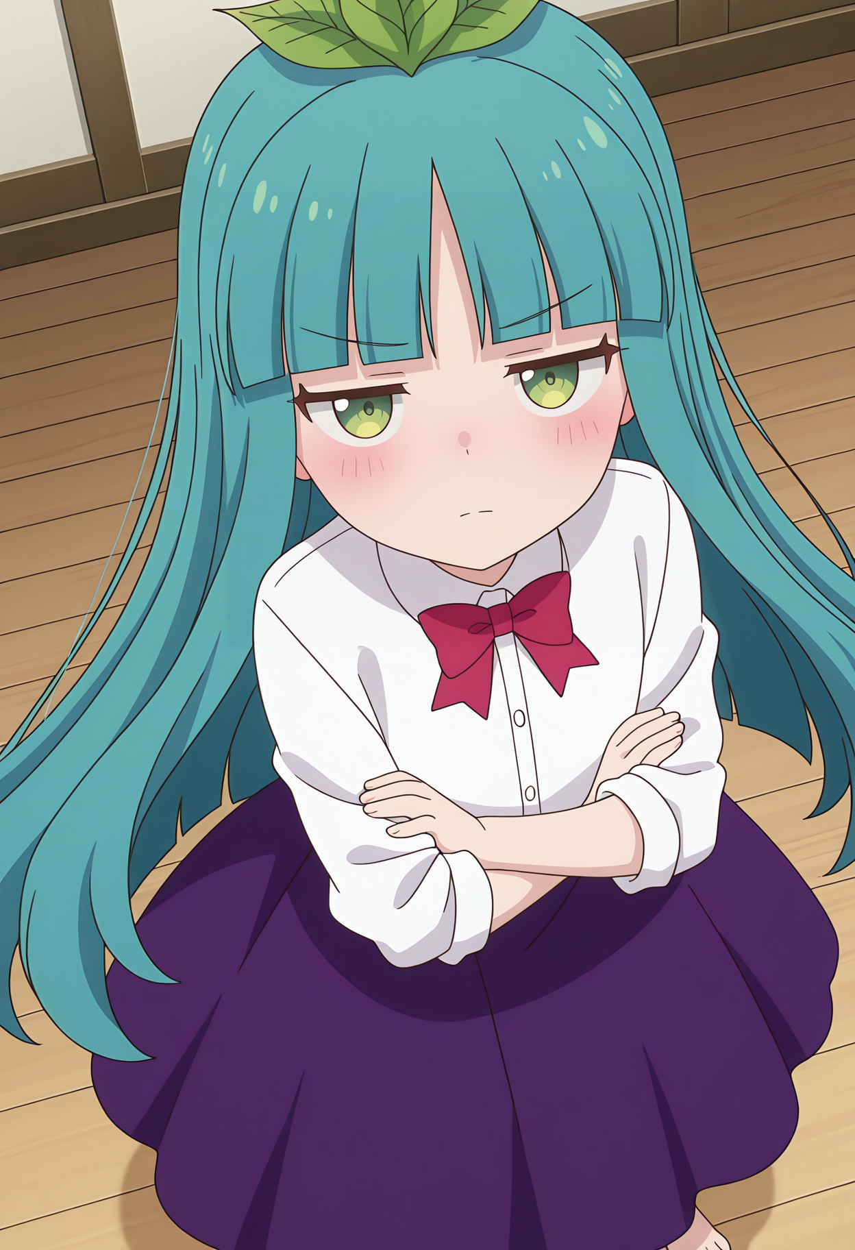 highres, best quality, masterpiece, indoors,
1girl, solo, sl300san, long hair, aqua hair, green eyes, leaf, blunt bangs, leaf hair ornament,
collared shirt, red bow, white shirt, blue skirt, purple skirt, long skirt,
anime screencap,
looking at viewer, blush,
standing, crossed arms, barefoot, jitome, from above, 
<lora:_sandra_slime300-elesico-ilxlD:1>