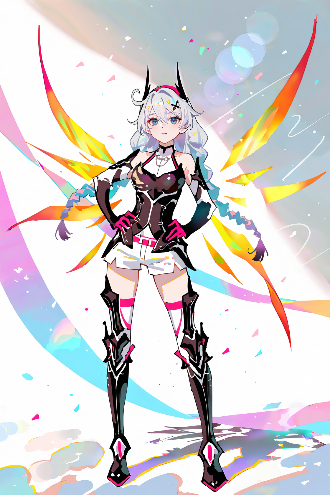 8k, best quality, masterpiece, (ultra-detailed), (high detailed skin), 
((artist:reoen),(artist:fuzichoco),(artist:atdan),(artist:torino_aqua),year 2024:0.8)1girl, [artist:wlop], [artist:ningen_mame], artist:ciloranko, [[artist:rhasta]], artist:tidsean, colorful, detailed light, light leaks, sunlight, bokeh, blurry foreground, ray tracing, lens flare, cinematic lighting, 
full body, full shot, standing, looking at viewer, (solo:1.2), simple background, (white background:1.2), hand on own hip, (white background:1.1), 
<lora:kiana-young-noob-Tanger:0.8>, 
kiana kaslana, dark yueguang, dark yueguang black light armor, 4th clothes, 1girl, gloves, long hair, boots, thighhighs, energy wings, black footwear, hair ornament, braid, bangs, thigh boots, dark style, white shorts, 
A full-body portrait of a young girl, standing gracefully, pastel art style, high-key lighting, shoujo manga influence, hd quality, delicate details,