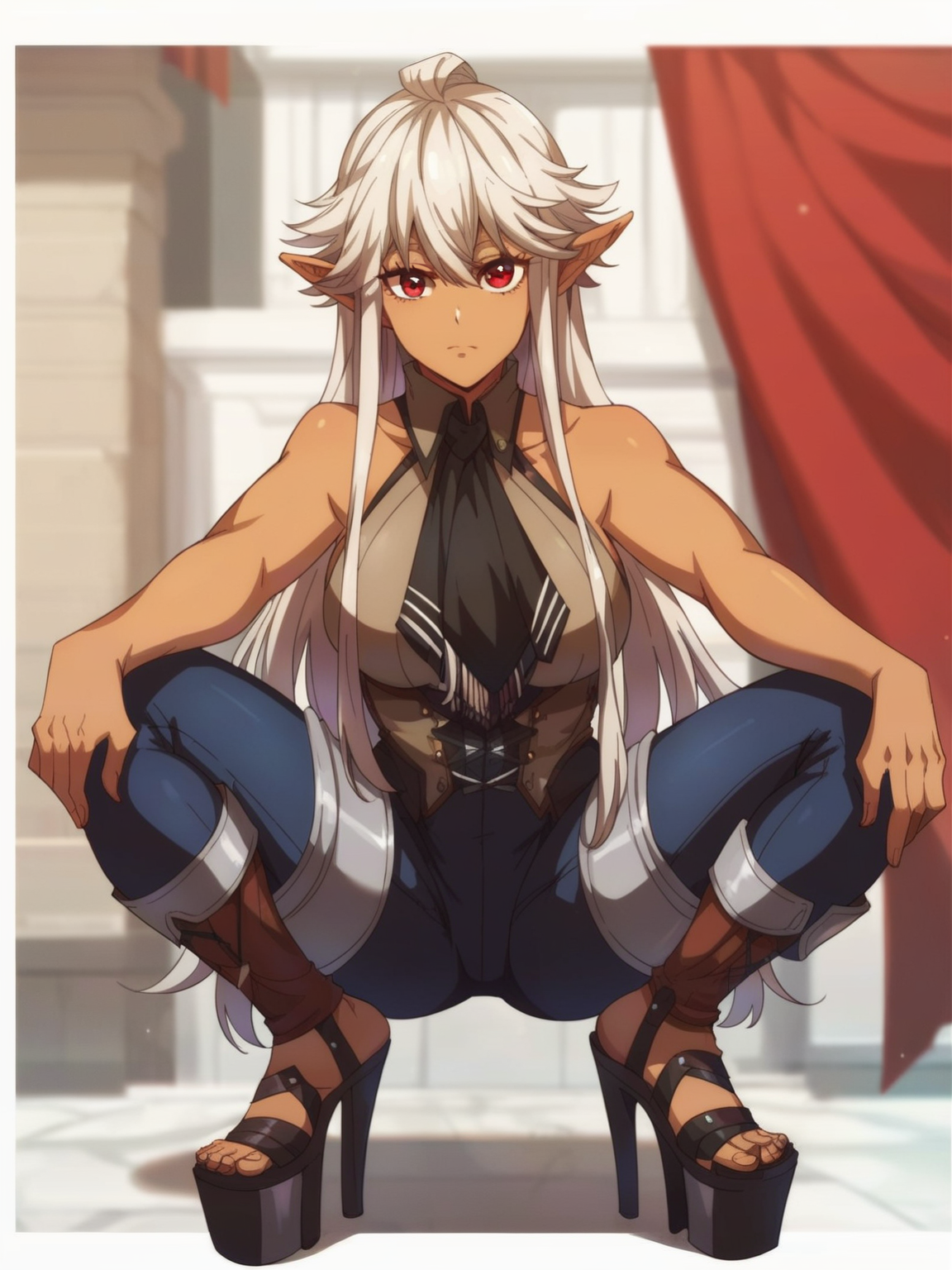 <lora:Elf:0.7> e_lf, 1girl, white hair, long hair, elf ears, tanned skin, red eyes, long eyelashes,
looking at viewer, squatting, front view, spreading legs, platform high heels, score_9, score_8_up, score_7_up,