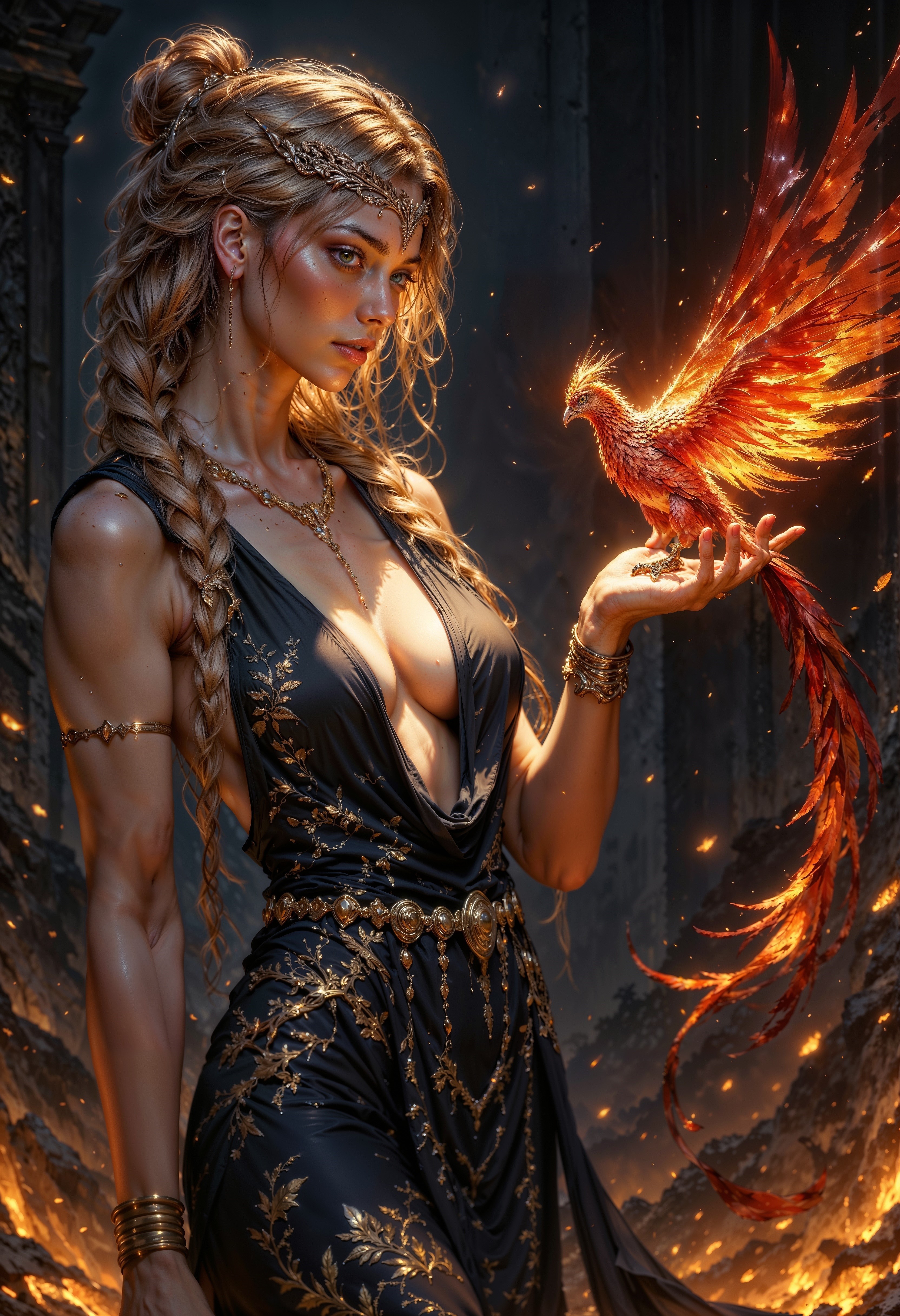 QMarika, a woman with fair skin and long, wavy blonde hair adorned with intricate braids and golden accessories. She is dressed in an elaborate, dark, and richly textured dress with gold embroidery and deep cleavage. Her expression is serene and focused as she gazes at a vibrant, mythical phoenix perched on her hand. The phoenix is depicted with fiery red and orange feathers, exuding a warm glow that illuminates the scene. The background is a blurred, dark setting with floating embers, enhancing the mystical atmosphere. <lora:FluxQMarikaV1:1> <lora:FluxMythP0rtr4itStyle:0.6> <lora:Midjourney_Dreamlike_Fantasy_FLUX_LoRA:0.6> <lora:Elden_Ring_-_Yoshitaka_Amano:0.33>