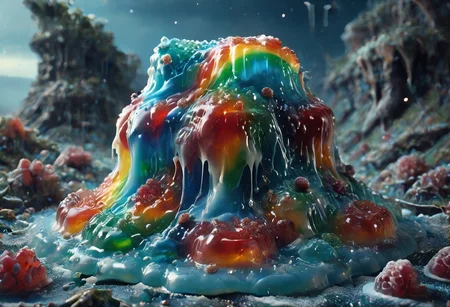 high quality, (Domination of the blue color:2), Jellystyle, stone bridge<lora:bad_prompt_version2-neg:1> <lora:By bad artist -neg:1> <lora:Jelly_Style:1> (rainbow color grading:1.5). (Icing milk:2). (Sugar coating :1). berry made of jelly. River of milk. ais-chocsauce Mountains. Crystallized Sugar Rain. The floor is covered with honey. Multi-colored Jellystyle bears.
(Fish) Made of gum with glowing precious stones is shown into the jello realm. From the right of the frame, the Jellystyle bears.
CastleBreizh XL Mk8 on the left.
Asymetric composition, dynamic pose, field of depth, grass in the foreground. Close-up view from below.
