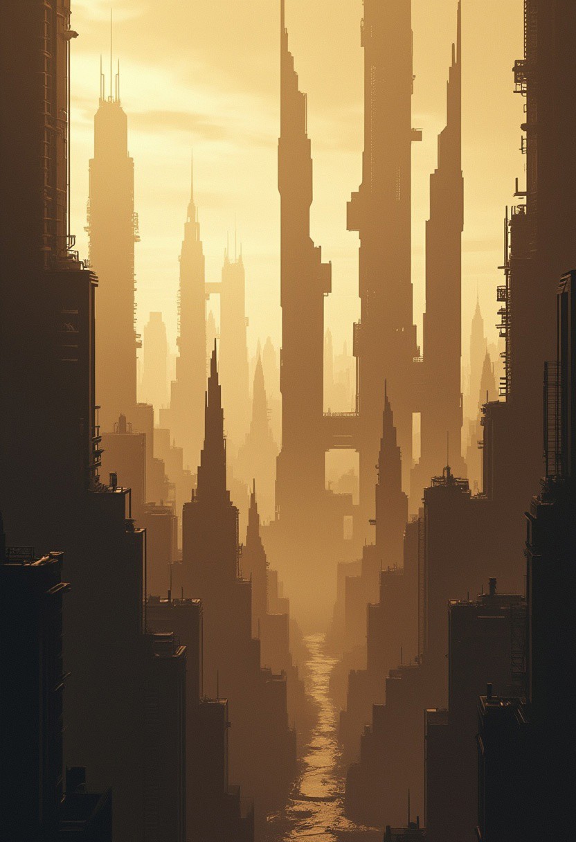 sepia-tinged photograph , Silhouette Art, magnificent, crisp lines, futuristic sci-fi cityscape of towers and asymmetrical skyscrapers