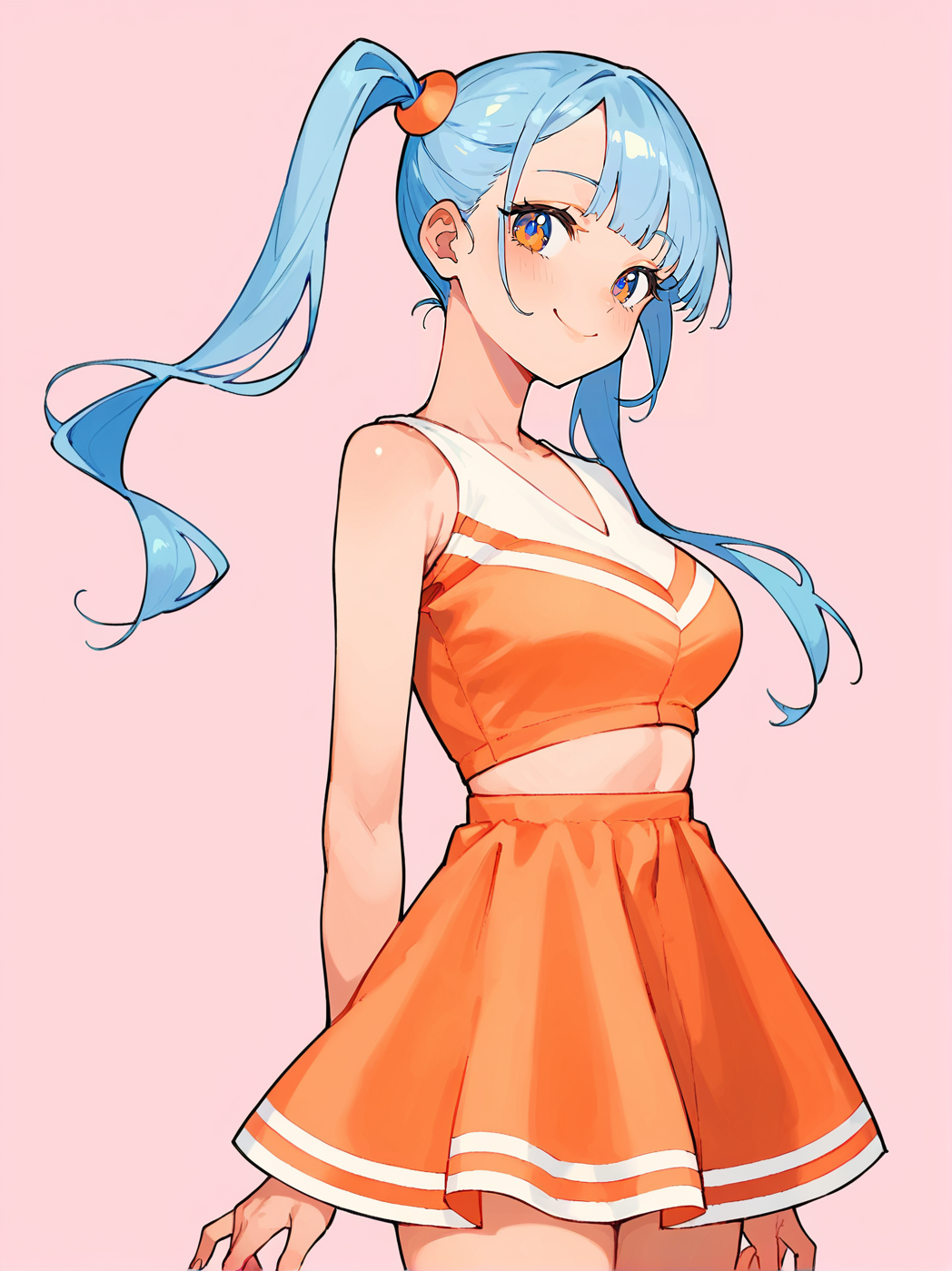 score_8_up, score_7_up, score_6_up, source_anime, 1girl, solo, simple background, pink background,
standing, pose, contrapposto, arched back, cowboy shot, facing viewer
smile, 
 cheerleader <lora:Cheerleader:1>
orange shirt, orange skirt