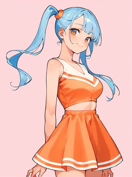 score_8_up, score_7_up, score_6_up, source_anime, 1girl, solo, simple background, pink background,
standing, pose, contrapposto, arched back, cowboy shot, facing viewer
smile,
cheerleader <lora:Cheerleader:1>
orange shirt, orange skirt