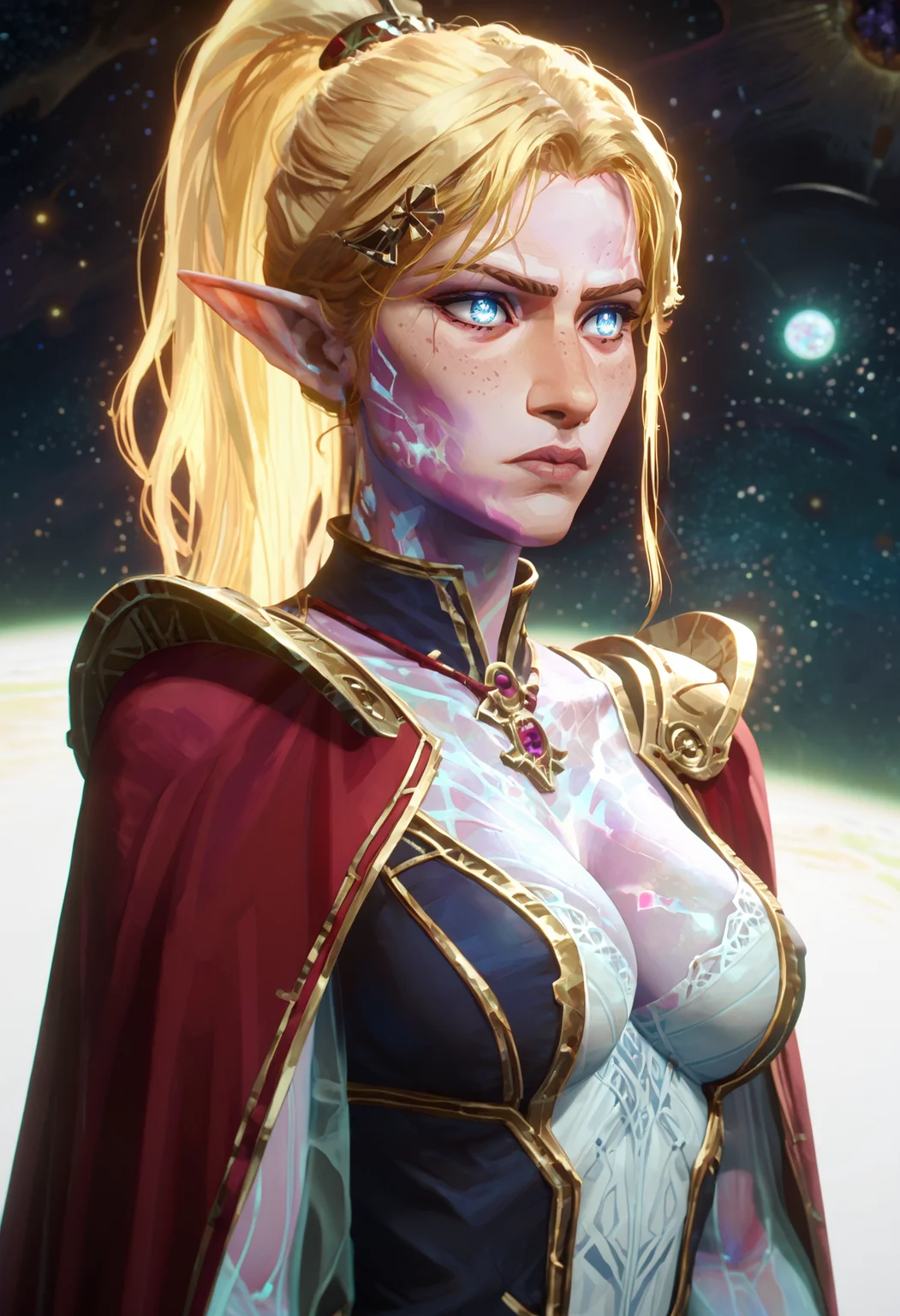 score_9, score_8_up, score_7_up,
<lora:Arcane:1> arc4n3, surreal, abstract, glowing, neon, glowing eyes, space, astral, space, stars, colored skin, see-through body, glowing hair, glowing skin,
1girl, breasts, solo, pointy ears, blue eyes, cleavage, blonde hair, weapon, long hair, freckles, white background, armor, sword, large breasts, elf, simple background, ponytail, upper body, cape, jewelry, red cape, necklace, closed mouth, hair ornament, lips, looking to the side, shoulder armor