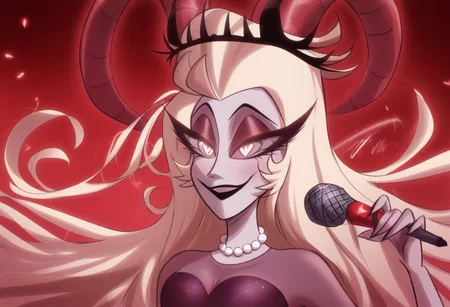 lilith, purple eyes, half-closed eyes, black lips, blonde hair, pearl necklace, demon horns, grey/gray skin, grey sclera, black crown, evil eyes, purple dress, heart floating, heart-shaped pupils, aroused, heart eyes, hearts floating, 1girl, solo, microphone, singing, red background