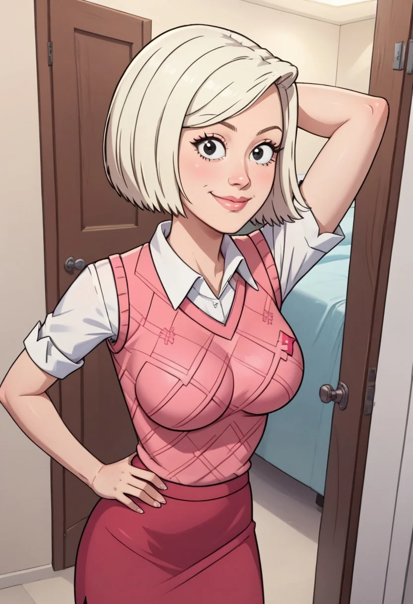 ((room background)),score_9, score_8_up, score_7_up,score_6_up,
1girl, solo, Audrey_RS, light skin, black eyes, light blonde hair, short hair, bob haircut, white short-sleeved shirt with collar, deep pink sweater vest, dark pink skirt, cyan flat shoes, big eyes, cute, tall stature, social smile, perfect eyes, perfect smile, looking at the viewer, detailed eyes, perfect eyes, standing, big breasts (front pose, front view, full body shot, high angle view:1) five fingers, perfect hands, (hand on hip, hand behind head)