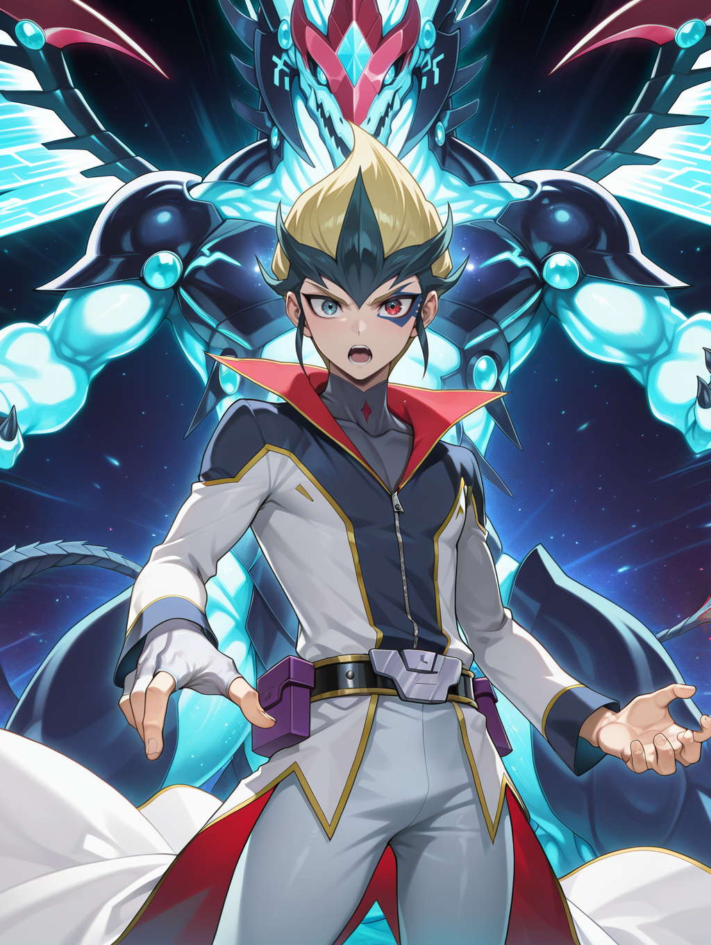 kite tenjo,galaxy-eyes photon dragon,1other,1boy,male focus,open mouth,single white fingerless glove,grey high collar shirt,white coats,white pants,looking at viewer,facial mark,heterochromia,belt pouch,blue dragon,
masterpiece,best quality,amazing quality,very aesthetic,absurdres,newest,<lora:Galaxy-Eyes Prime Photon Dragon illuXL v2.3:0.75>,