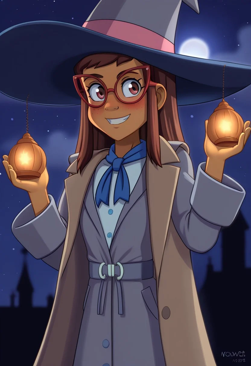 nocunoctstyle, cel-shading, nohail, solo, cowboy shot, witch hat, grey trench coat, night time, suburbia