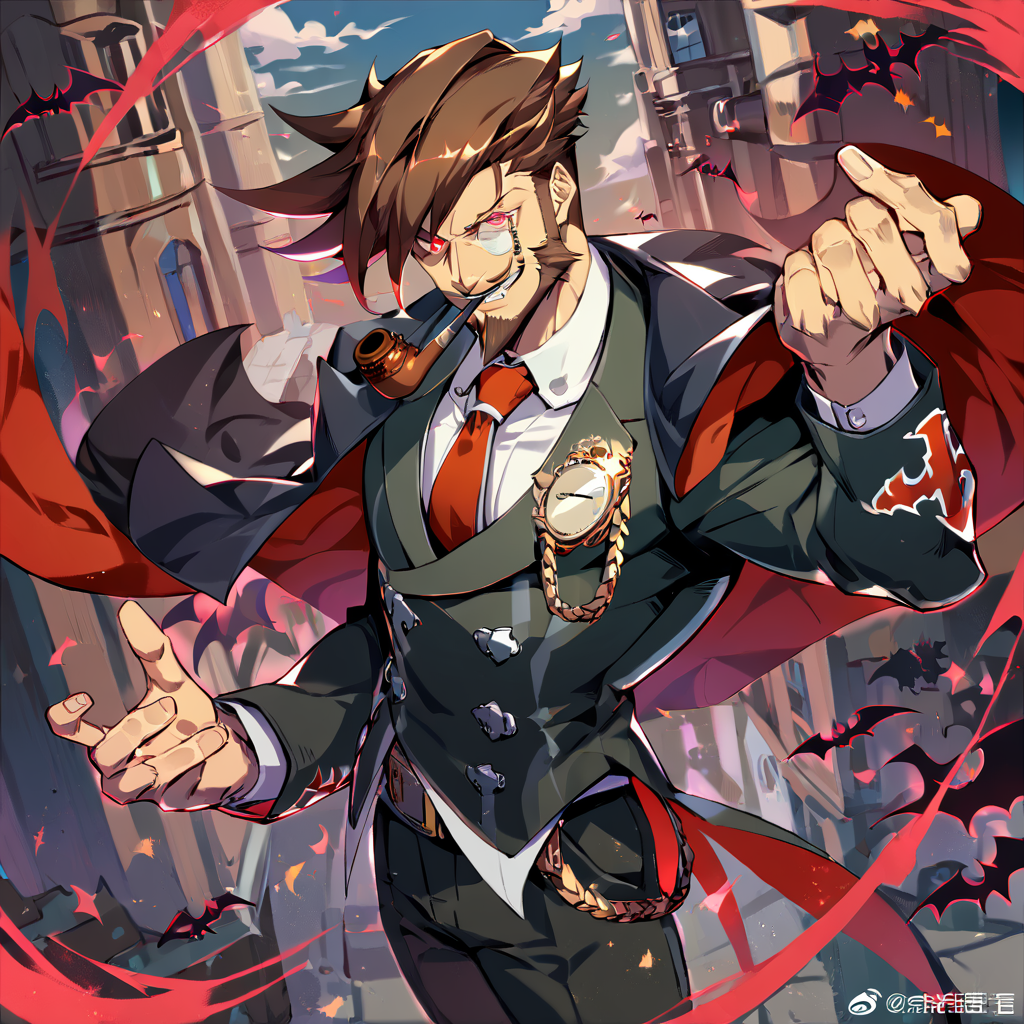 1boy, male focus, Slayer, guilty gear, score_9, score_8_up, score_7_up, score_6_up,  <lora:Slayer_from_Guilty_Gear:1>, solo, brown hair, smoking pipe, monocle, facial hair, mature male, formal, suit, cape, vampire, smirk, tie, white shirt, looking at viewer, toned, athletic, fit, fang, brown footwear, pocket watch, pipe, short hair, slicked to the side hair, mustache, male focus, best quality, amazing quality, best aesthetic, absurdres, smirk, evil smile, red eyes, glowing eyes, cocky, haughty, defiant, <lora:aesthetic_anime_v1s:0.4>, <lora:xl_more_art-full_v1:0.5> <lora:EpicF4nta5yXL:0.5>