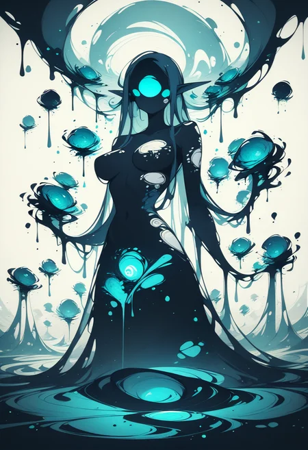 score_8_up, dark elf, glowing skin, purple skin, very long pointy ears, giant, monster girl, breasts, solid eyes, blue flowers, restricted palette, swirl, paint splatter <lora:NoctAbstractConcept:1>