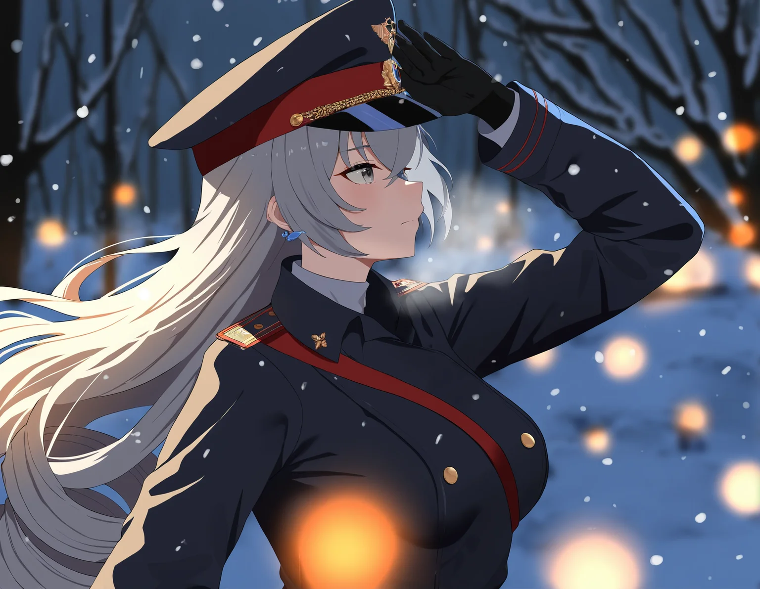 masterpiece, best quality, amazing quality, very aesthetic, absurdres, newest, absurdres, highres, flat color, anime, bronya, female human, holding mosin, outdoors, metal gear, pale face, serious harsh expression, snowstorm, distance blur, bokeh, orange lights, metal framework, officer, from side, extended arm, dynamic pose fur collar, wind, snow, from below, dutch angle, black furazhka hat, blonde hair, military uniform, red band <lora:last:1>, blue eyes, confident