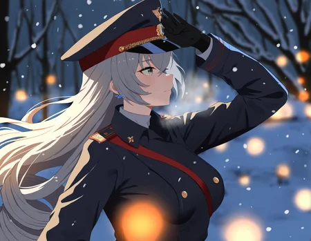 masterpiece, best quality, amazing quality, very aesthetic, absurdres, newest, absurdres, highres, flat color, anime, bronya, female human, holding mosin, outdoors, metal gear, pale face, serious harsh expression, snowstorm, distance blur, bokeh, orange lights, metal framework, officer, from side, extended arm, dynamic pose fur collar, wind, snow, from below, dutch angle, black furazhka hat, blonde hair, military uniform, red band <lora:last:1>, blue eyes, confident