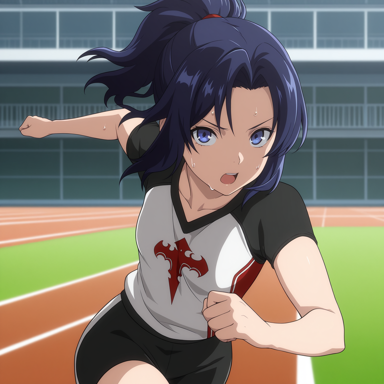 masterpiece, best quality, amazing quality, anime screencap, 1girl, solo, standing, cowboy shot, looking at viewer, running, sweat, <lora:inquisitor_dnf_duel:0.9>, inquisitor \(dnf duel\), blue hair, parted bangs, ponytail, high ponytail, short ponytail, blue eyes, small breasts, sportswear,
