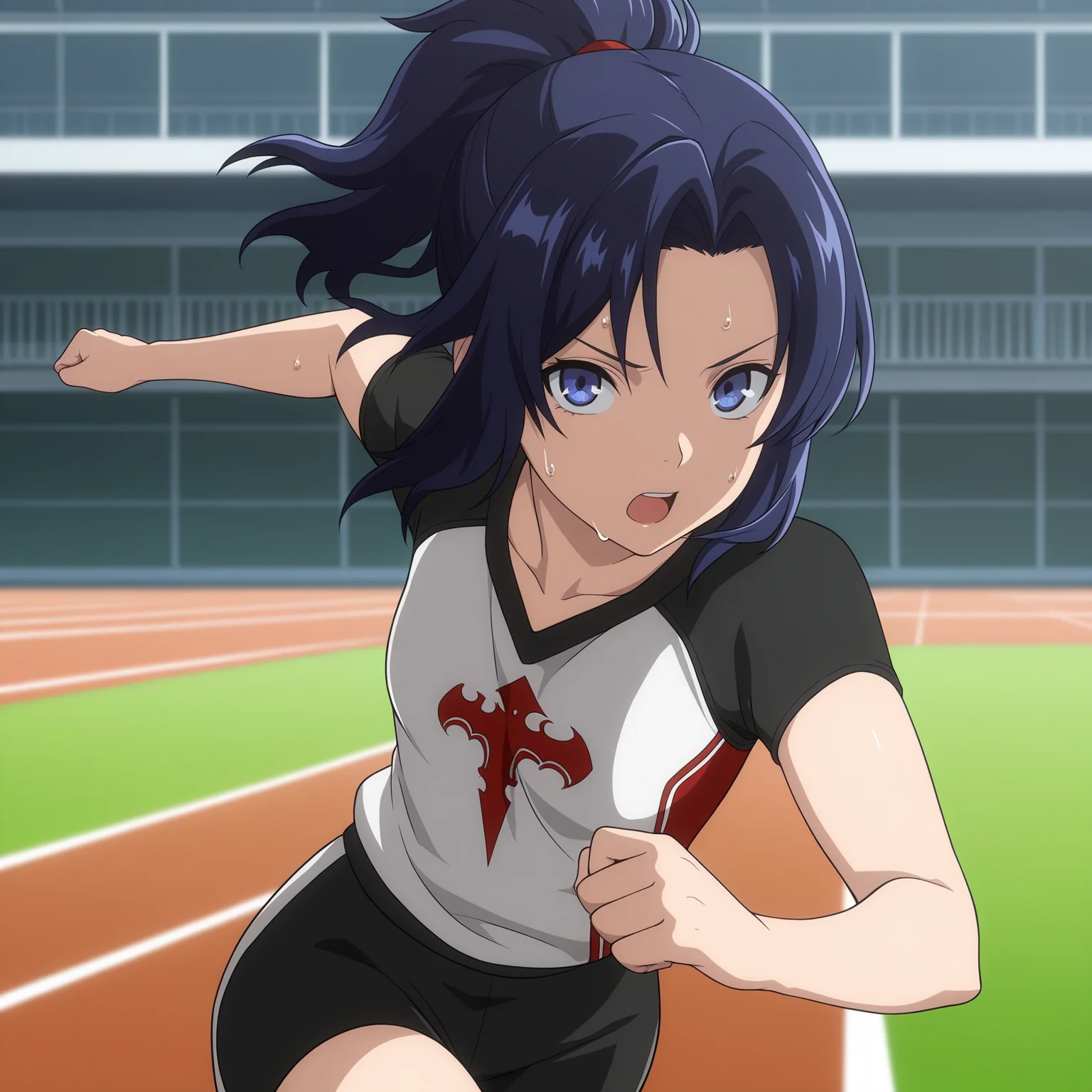 masterpiece, best quality, amazing quality, anime screencap, 1girl, solo, standing, cowboy shot, looking at viewer, running, sweat, <lora:inquisitor_dnf_duel:0.9>, inquisitor \(dnf duel\), blue hair, parted bangs, ponytail, high ponytail, short ponytail, blue eyes, small breasts, sportswear,