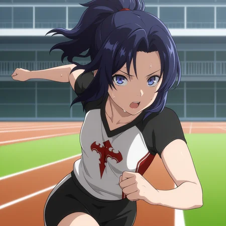 masterpiece, best quality, amazing quality, anime screencap, 1girl, solo, standing, cowboy shot, looking at viewer, running, sweat, <lora:inquisitor_dnf_duel:0.9>, inquisitor \(dnf duel\), blue hair, parted bangs, ponytail, high ponytail, short ponytail, blue eyes, small breasts, sportswear,