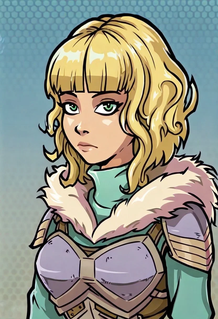 Akaburstyle,
1girl, solo, bangs, sidelocks, expressionless, pauldrons, upper body, blonde hair, medium hair, green eyes, blunt bangs, closed mouth, shoulder armor, grey armor, aqua shirt, fur trim, armor, fur collar, looking at viewer, shiny, shiny hair, turtleneck, shirt, long sleeves