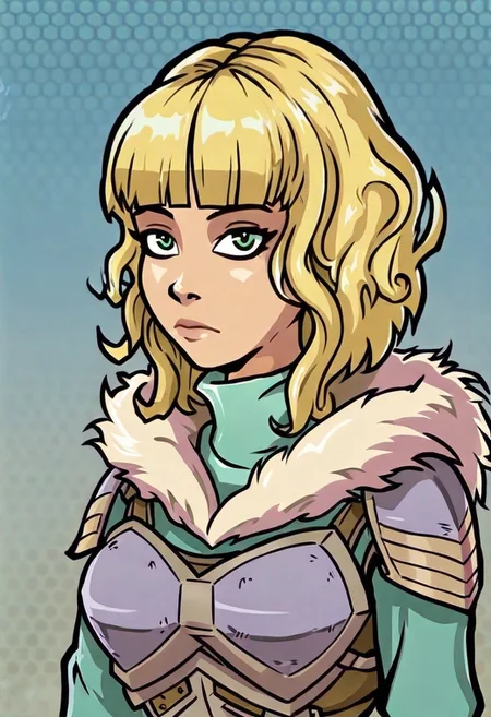 Akaburstyle,
1girl, solo, bangs, sidelocks, expressionless, pauldrons, upper body, blonde hair, medium hair, green eyes, blunt bangs, closed mouth, shoulder armor, grey armor, aqua shirt, fur trim, armor, fur collar, looking at viewer, shiny, shiny hair, turtleneck, shirt, long sleeves