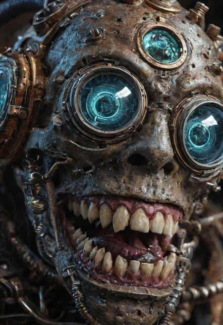 Apocalypsecore Steampunk invention for a feast for trolls eyes soup, industrial fantasy, Apocalypsecore dramatic scene, evocative, sketch, color. a mechanical creature with very big jaws and human-like teeth, grinning. The texture of the face is of the Terry Gilliam movie character. Details are from 19th century ornamental copper. Apocalypsecore The eyes are covered with goggles. Cinematic, electric light
Wide range of colors., Dramatic,Dynamic,Cinematic,Sharp details
Insane quality. Insane resolution. Insane details. Masterpiece. 32k resolution.
<lora:add-detail-xl:0.95> <lora:dvr-lnds-sdxl:0.3> dvr-lnds-sdxl <lora:MJ52:0.25> <lora:ral-apoctvisn-sdxl:0.3> ral-apoctvisn <lora:zavy-cntrst-sdxl:0.35> dark, chiaroscuro, low-key <lora:zavy-rmlght-sdxl:0.41> zavy-rmlght <lora:SDXLFaeTastic2400:0.225>