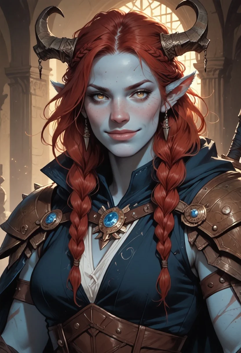 (score_9, score_8_up, score_7_up, score_6_up), (highres image, ultrares, absurdres, ultra detailed), ((zPDXL3)), Portrait, (masterpiece:1.8), face focus, detailed faces, BREAK,
1girl, dynamic character design, female focus, perfect face, perfect eyes, attractive, beautiful, barbarian, (Firbolg, furry, big nose, animal ears, blue skin) curved ram horns, large horns, (long red hair), braided hair, multiple braids, perfect body, hourglass figure, large breasts, wide hips, tiny waist, smirk,
BREAK
(Barbarian Furs), (Leather), (Boots), (Cloak)
BREAK
Detailed Background, Fantasy Tavern, Dramatic Lights, Concept Art, Expressiveh, (Firbolg, furry, big nose, animal ears), concept art, realistic, 4kFacePonyXL
