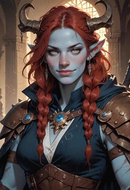 (score_9, score_8_up, score_7_up, score_6_up), (highres image, ultrares, absurdres, ultra detailed), ((zPDXL3)), Portrait, (masterpiece:1.8), face focus, detailed faces, BREAK,
1girl, dynamic character design, female focus, perfect face, perfect eyes, attractive, beautiful, barbarian, (Firbolg, furry, big nose, animal ears, blue skin) curved ram horns, large horns, (long red hair), braided hair, multiple braids, perfect body, hourglass figure, large breasts, wide hips, tiny waist, smirk,
BREAK
(Barbarian Furs), (Leather), (Boots), (Cloak)
BREAK
Detailed Background, Fantasy Tavern, Dramatic Lights, Concept Art, Expressiveh, (Firbolg, furry, big nose, animal ears), concept art, realistic, 4kFacePonyXL