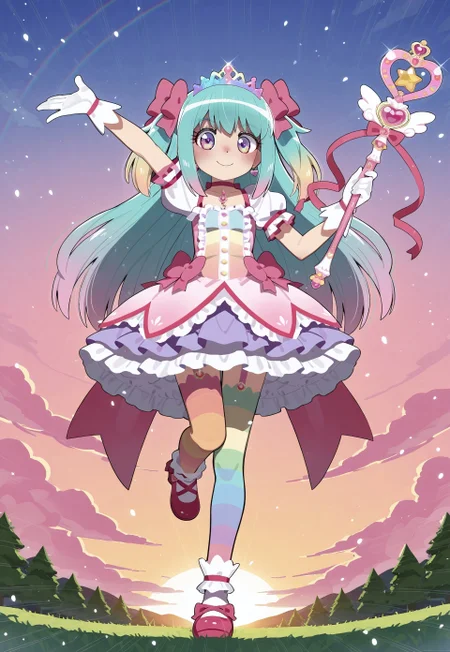 Mizumizuni, 1girl, rainbow eyes, pastel rainbow hair, multicolored hair, gradient hair, long hair, masterpiece, best quality, absurdres,
(pastel colors, pastel pink, pastel blue, pastel orange, pastel green, pastel purple), pastel rainbow magical girl, padded magical girl dress, kawaii, frilled skirt, thighhighs, padded pastel rainbow dress, multilayered dress, petticoat, padded dress, puffy short sleeves, elbow gloves, rainbow tiara, gem brooch, large bow, ribbons, lace trim, frills, satin, sparkles, glitter, heart earrings, rainbow accessories, jewelry, bobby socks, frilled mary janes,
lipgloss, eyelashes, blush, light makeup,
outdoors, nature, clouds, sunset,
solo, full body, standing on one leg, happy smile, one arm up, holding magical girl wand, heart scepter,
intricate, highly detailed, majestic, shallow depth of field, movie still, circular polarizer, light reflections, light particles, particles, sun rays
