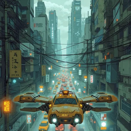 anime, futuristic, cyberpunk, future city, bo-abyss hover-taxi, skyscraper, chaotic city far below, vertigo inducing, fear of heights inducing, busy hover traffic, william gibson, neuromancer, cyberpunk 2027,