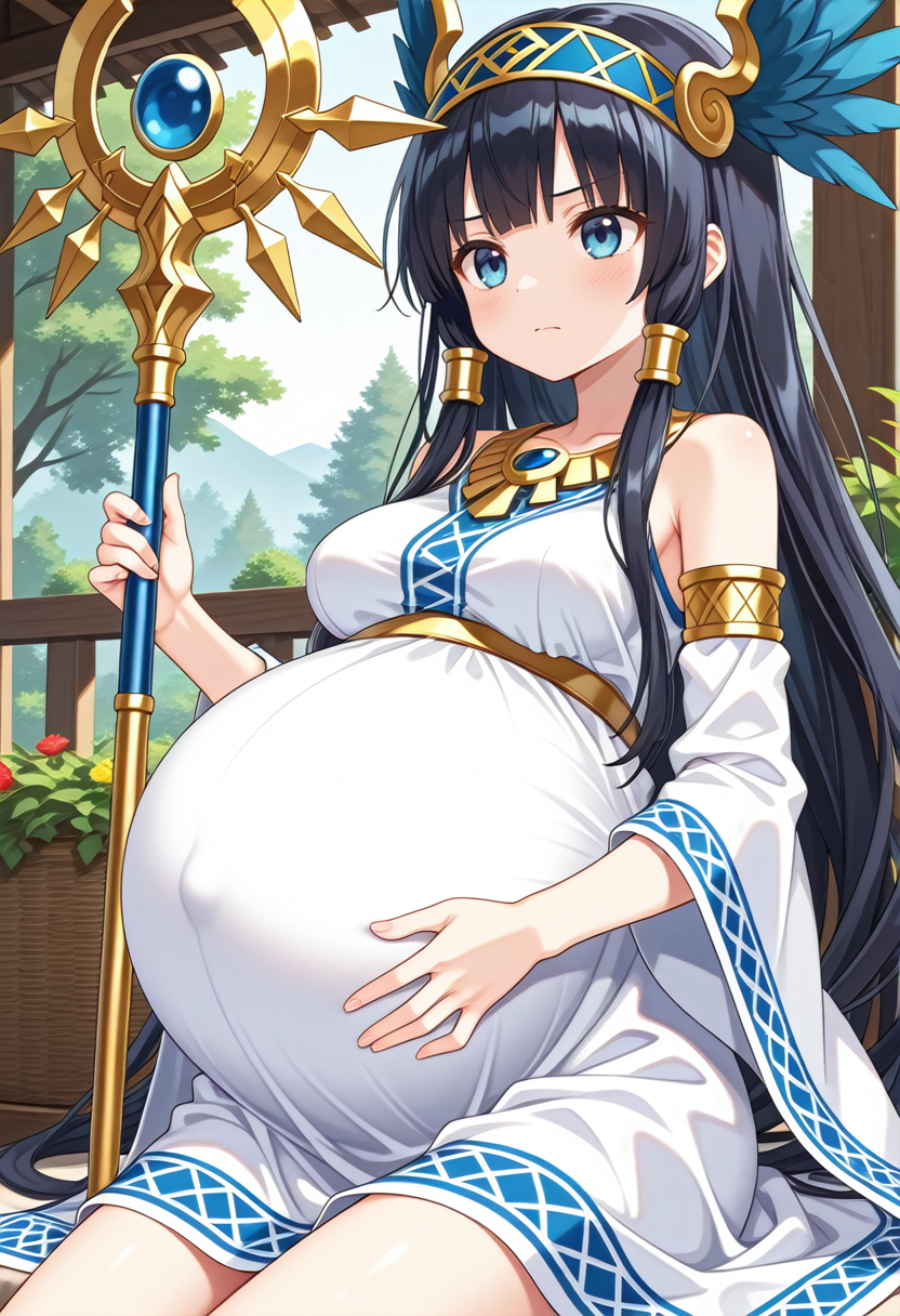 STYLE(comfy++,none) masterpiece, best quality, absurdres, 1girl, [tsukasawa takamatsu:cura, azuuru:0.3], torino aqua, isis \(p&d\), puzzle & dragons, blue eyes, long hair, black hair, very long hair, blue hair, hair tubes, hairband, bare shoulders, medium breasts, pregnant, big belly,  angry, looking ahead, holding, facing viewer,  sitting, legs together, cowboy shot,  day, garden, <lora:Pregnancy_Slider:1> <lora:pregnant_clte_v2:1> <lora:dmd2_sdxl_4step_lora_fp16:1>